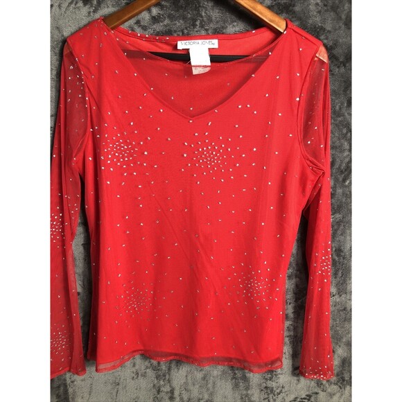 Victoria jones Tops - Victoria Jones Red Blouse Sheer Sleeve Sliver Sparkle Size Women’s Large